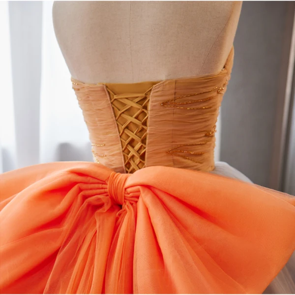 Elegant Orange Beading Prom Dresses 2023 Ball Gown Strapless Sleeveless Backless Bow Floor-Length / Long Prom Formal Dresses
