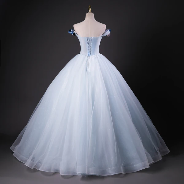 Chic / Beautiful Sky Blue Beading Sequins Appliques Prom Dresses 2023 Ball Gown Off-The-Shoulder Sleeveless Backless Floor-Length / Long Formal Dresses