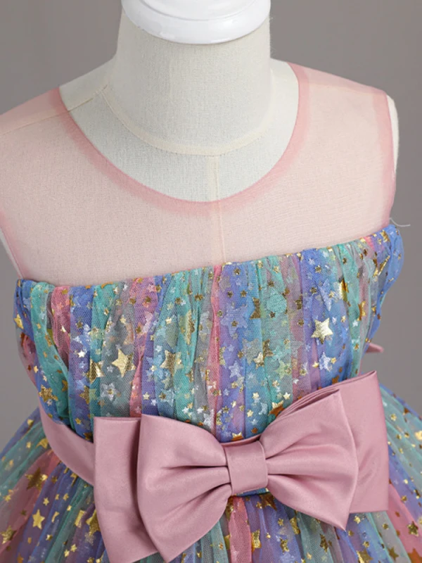 Bling Bling Blushing Pink Star Sequins Birthday Short Flower Girl Dresses 2024 Ball Gown Scoop Neck Sleeveless Bow Sash
