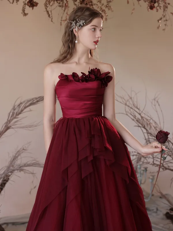 Chic / Beautiful Burgundy Appliques Prom Dresses 2024 A-Line / Princess Strapless Sleeveless Backless Floor-Length / Long Prom Formal Dresses