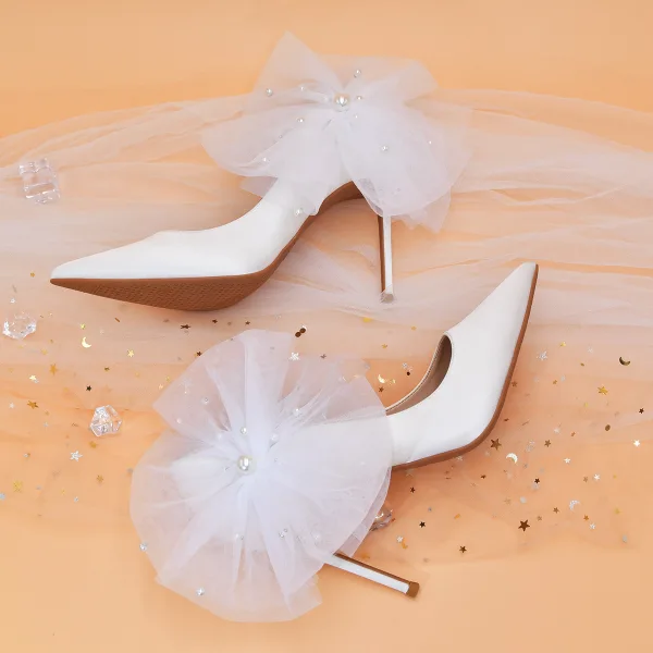 Chic / Beautiful White Pearl Appliques Wedding Shoes 2022 Leather 10 cm Stiletto Heels Pointed Toe Wedding Pumps High Heels