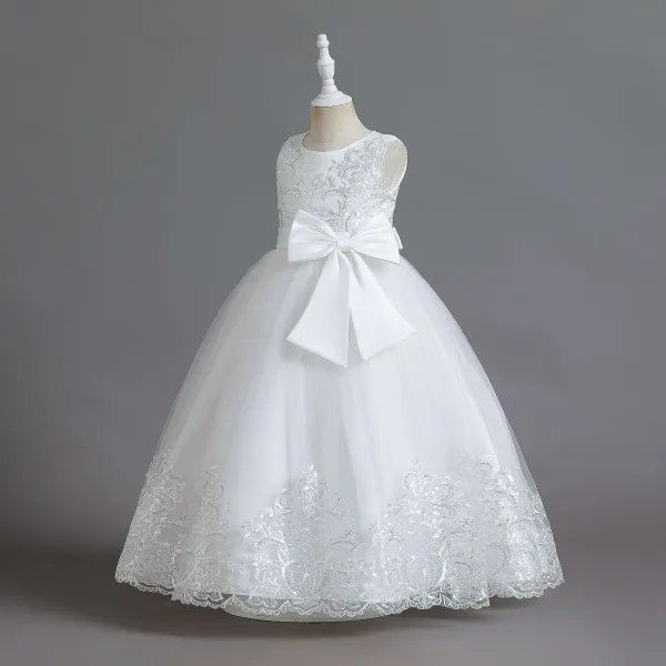 Elegant Burgundy Birthday Lace Flower Flower Girl Dresses 2023 A-Line / Princess Scoop Neck Sleeveless Bow Sash Floor-Length / Long Flower Girl Dresses