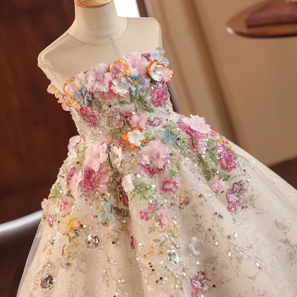Fée Des Fleurs Beige Perle Paillettes Appliques Thé Longueur Robe Ceremonie Fille 2024 Robe Boule Encolure Dégagée Sans Manches Tulle Mariage