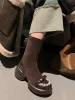 Mode Zwarte Straatkleding Parel Rhinestone Strik Dames Laarzen 2024 Leer 7 cm Blokhak Ronde Neus Laarzen