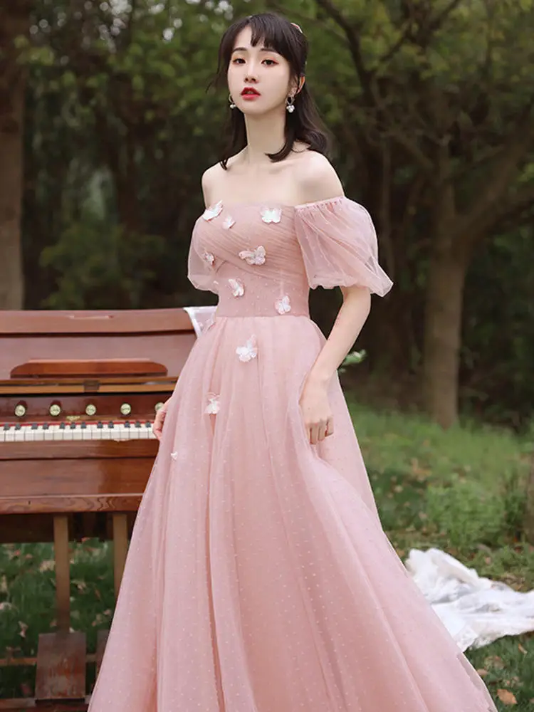 Modest Simple Candy Pink Lace Butterfly Bridesmaid Dresses 2022 A