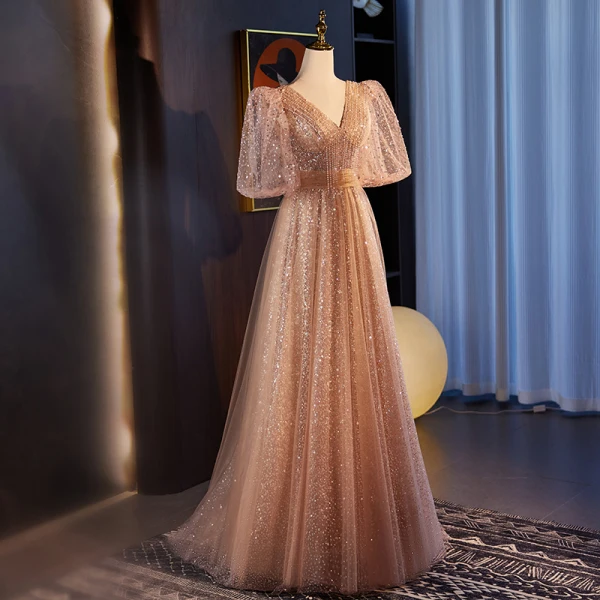 Bling Bling Champagne Beading Pearl Sequins Prom Dresses 2024 A-Line / Princess V-Neck Short Sleeve Backless Floor-Length / Long Prom Formal Dresses