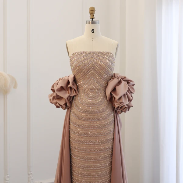 Haut de Gamme Champagne Fait main Perlage Paillettes Robe De Soirée 2024 Trompette / Sirène Bustier Volants Manches Courtes Dos Nu Longue Soirée Robe De Ceremonie