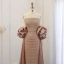 Haut de Gamme Champagne Fait main Perlage Paillettes Robe De Soirée 2024 Trompette / Sirène Bustier Volants Manches Courtes Dos Nu Longue Soirée Robe De Ceremonie