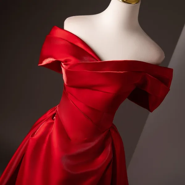 Modest / Simple Red Satin Prom Dresses 2025 Trumpet / Mermaid Off-The-Shoulder Short Sleeve Backless Sweep Train Formal Dresses