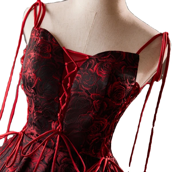 Vintage / Retro Burgundy Printing Short Homecoming Graduation Dresses 2024 A-Line / Princess Spaghetti Straps Sleeveless Backless Formal Dresses