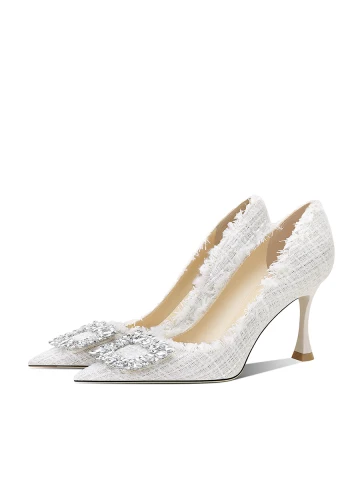 Charmig Vita Rhinestone Brudskor 2024 Läder 8 Cm Stilettklackar Spetsiga Bröllop Pumps Högklackade