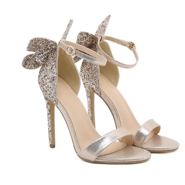 Glitzernden Silber Pailletten Schmetterling Sandalen Damen 2022 Cocktail Abend 11 cm Stilettos Knöchelriemen Peeptoes Sandaletten Hochhackige