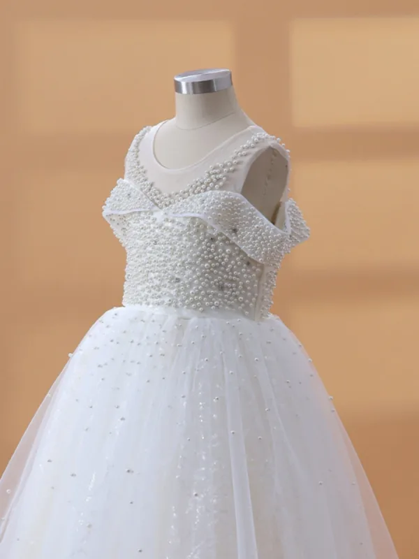 Chic / Beautiful White Beading Pearl Short Birthday Flower Girl Dresses 2024 Scoop Neck Backless Sleeveless