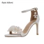 Sexy White Pearl Crystal Wedding Shoes 2023 Ankle Strap 9 cm Stiletto Heels Open / Peep Toe Wedding Sandals High Heels