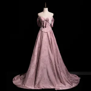 Vintage Retro Blushing Pink Bow Prom Dresses 2026 A Line Princess Strapless Sleeveless Backless Sweep Train Prom Formal Dresses