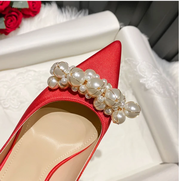 Chic / Beautiful Champagne Pearl Wedding Shoes 2023 Leather 10 cm Stiletto Heels Pointed Toe Wedding Pumps High Heels