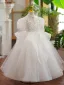 Charming White Beading Pearl Sequins Birthday Flower Girl Dresses 2023 Ball Gown High Neck Puffy Short Sleeve Backless Floor-Length / Long