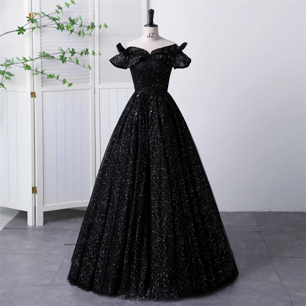 Elegant Black Sequins Prom Dresses Ball Gown 2023 Off-The-Shoulder Short Sleeve Backless Floor-Length / Long Formal Dresses