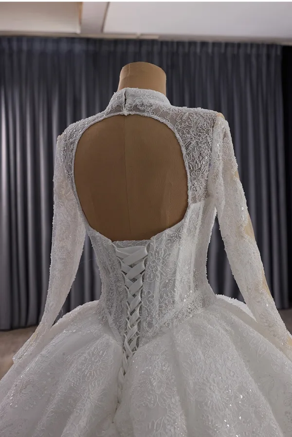 Luxury / Gorgeous White Beading Pearl Sequins Lace Flower Wedding Dresses 2025 Ball Gown High Neck Long Sleeve Backless Court Train