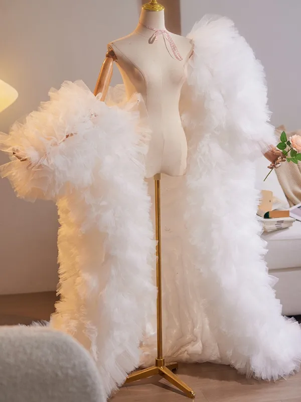 Charmant Blanche Volants en Cascade Fait main Tulle Promo châle 2025 Gonflée Manches Courtes