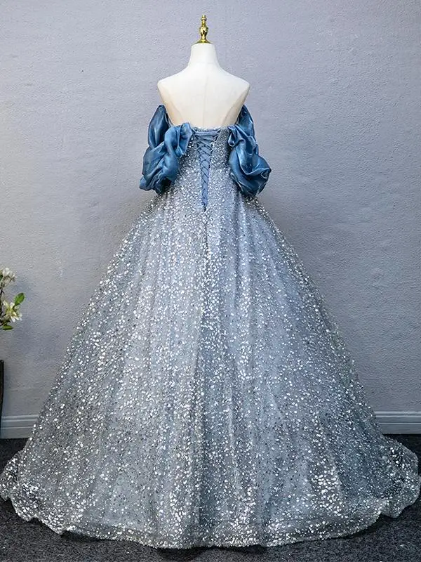 Chic / Belle Bleu Ciel Perlage Paillettes Robe De Bal 2025 Robe Boule Volants De l'épaule Manches Courtes Dos Nu Longue Promo Robe De Ceremonie