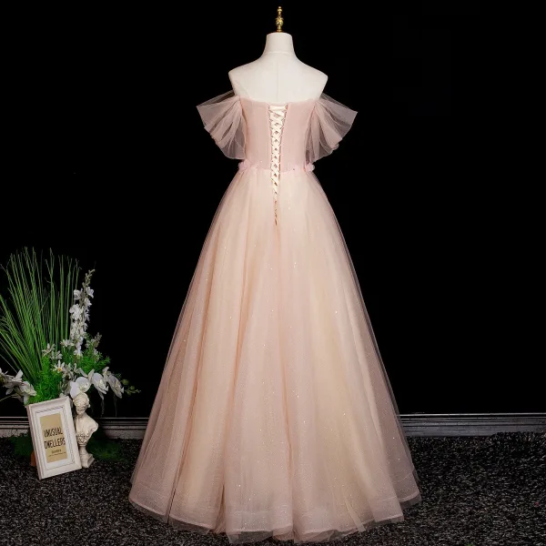 Chic / Beautiful Blushing Pink Appliques Rhinestone Prom Dresses 2025 A-Line / Princess Off-The-Shoulder Short Sleeve Backless Floor-Length / Long Formal Dresses