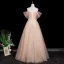 Chic / Beautiful Blushing Pink Appliques Rhinestone Prom Dresses 2025 A-Line / Princess Off-The-Shoulder Short Sleeve Backless Floor-Length / Long Formal Dresses
