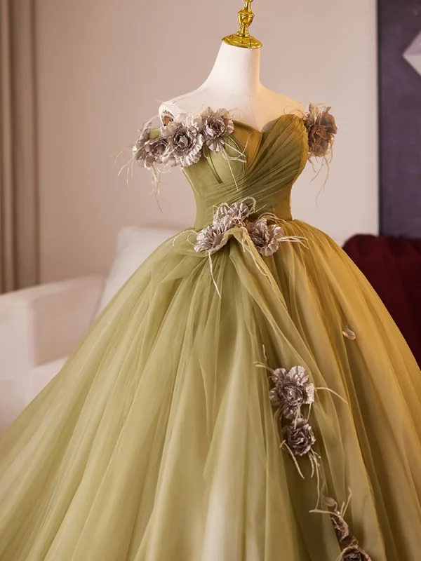 Elegant Clover Green Appliques Tassel Prom Dresses 2024 Ball Gown Off-The-Shoulder Sleeveless Backless Floor-Length / Long Prom Formal Dresses