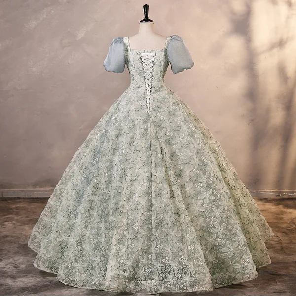 Chic / Beautiful Grey Printing Prom Dresses 2023 Ball Gown Square Neckline Bow Puffy Short Sleeve Backless Floor-Length / Long Prom Formal Dresses