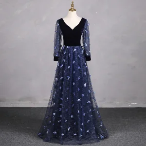 Chic Belle Bleu Marine Glitter Papillon Appliques Robe De Bal 2024 Princesse V Cou Manches Longues Dos Nu Longue Promo Robe De Ceremonie