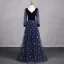 Chic / Beautiful Navy Blue Glitter Butterfly Appliques Prom Dresses 2024 A-Line / Princess V-Neck Long Sleeve Backless Floor-Length / Long Prom Formal Dresses