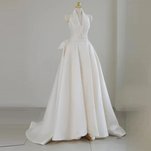 Mode Blanche Satin Robe De Soirée 2023 Princesse Titulaire Sans Manches Dos Nu Noeud Ceinture Train De Balayage Soirée Robe De Ceremonie