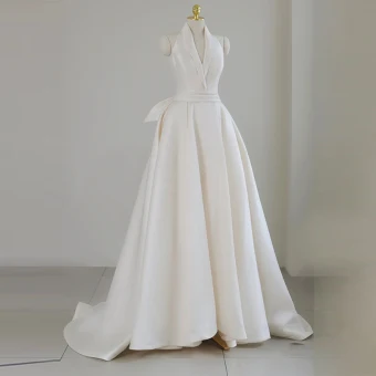 Mode Blanche Satin Robe De Soirée 2023 Princesse Titulaire Sans Manches Dos Nu Noeud Ceinture Train De Balayage Soirée Robe De Ceremonie
