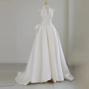 Mode Blanche Satin Robe De Soirée 2023 Princesse Titulaire Sans Manches Dos Nu Noeud Ceinture Train De Balayage Soirée Robe De Ceremonie