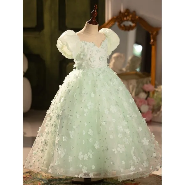 Chic / Beautiful Sage Green Appliques Birthday Flower Girl Dresses 2024 Ball Gown Scoop Neck Puffy Short Sleeve Backless Floor-Length / Long