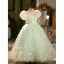 Chic / Beautiful Sage Green Appliques Birthday Flower Girl Dresses 2024 Ball Gown Scoop Neck Puffy Short Sleeve Backless Floor-Length / Long