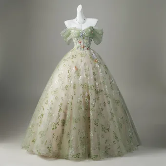 Elegant Sage Green Sequins Flower Prom Dresses 2026 Ball Gown Off The Shoulder Sleeveless Backless Floor Length Long Prom Formal Dresses