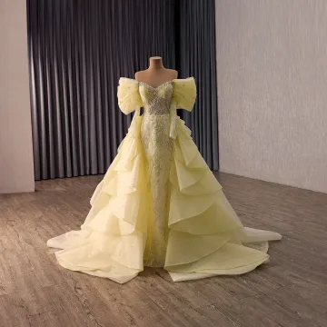 High End Yellow Cascading Ruffles Handmade Beading Pearl Sequins Prom Dresses 2026 Trumpet Mermaid Off The Shoulder Long Sleeve Backless Sweep Train Formal Dresses