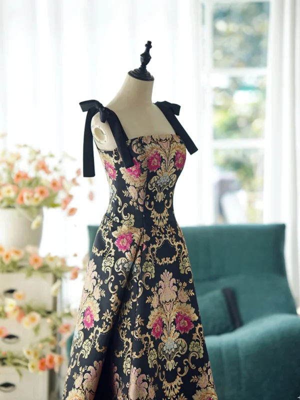 Vintage / Retro Black Printing Prom Dresses 2024 A-Line / Princess Spaghetti Straps Sleeveless Backless Floor-Length / Long Prom Formal Dresses