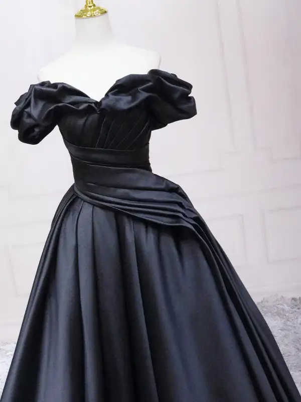 Elegant Black Prom Dresses 2025 Ball Gown Off-The-Shoulder Puffy Short Sleeve Backless Floor-Length / Long Prom Formal Dresses