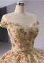 Luxus / Herrlich Gold Handgefertigt Pailletten Spitze Star Ballkleider 2024 Ballkleid Rundhalsausschnitt Kurze Ärmel Kapelle-Schleppe Ball Festliche Kleider