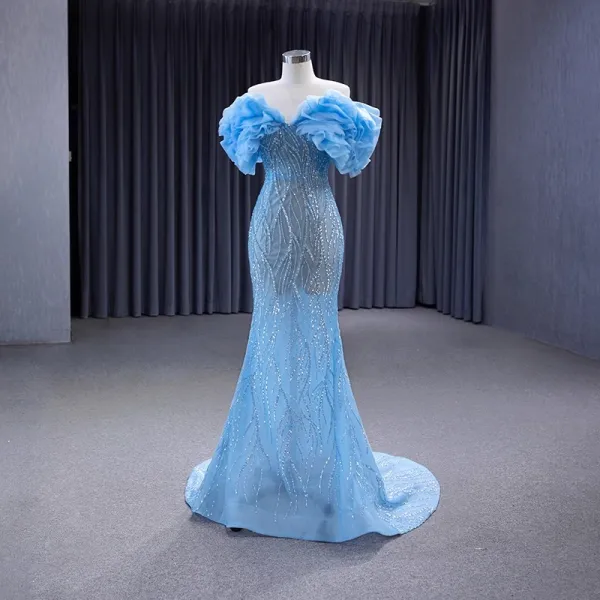 High-end Sparkly Sky Blue Glitter Sequins Prom Dresses 2023 Trumpet / Mermaid Off-The-Shoulder Ruffle Short Sleeve Backless Sweep Train Prom Formal Dresses