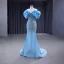 High-end Sparkly Sky Blue Glitter Sequins Prom Dresses 2023 Trumpet / Mermaid Off-The-Shoulder Ruffle Short Sleeve Backless Sweep Train Prom Formal Dresses