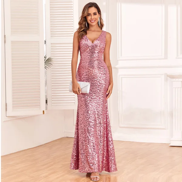 Sparkly Blushing Pink Sequins Evening Dresses 2024 Trumpet / Mermaid V-Neck Sleeveless Backless Floor-Length / Long Evening Party Formal Dresses