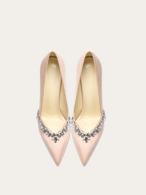 Elegante Champagne Rhinestone Satijn Bruidsschoenen 2024 10 cm Naaldhakken / Stiletto Spitse Neus Huwelijk Pumps Hoge Hakken