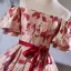 Chic / Beautiful Printing Short Burgundy Homecoming Graduation Dresses 2024 Ball Gown Off-The-Shoulder Backless Bow Sash Short Sleeve Formal Dresses