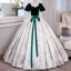 Elegant Dark Green Printing Prom Dresses 2023 Ball Gown Velvet Square Neckline Bow Sash Short Sleeve Backless Floor-Length / Long Prom Formal Dresses