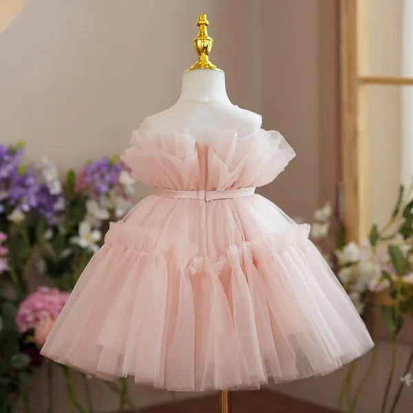Modest / Simple Blushing Pink Ruffle Short Birthday Flower Girl Dresses 2024 Ball Gown Scoop Neck Sleeveless Backless Bow Sash Tulle