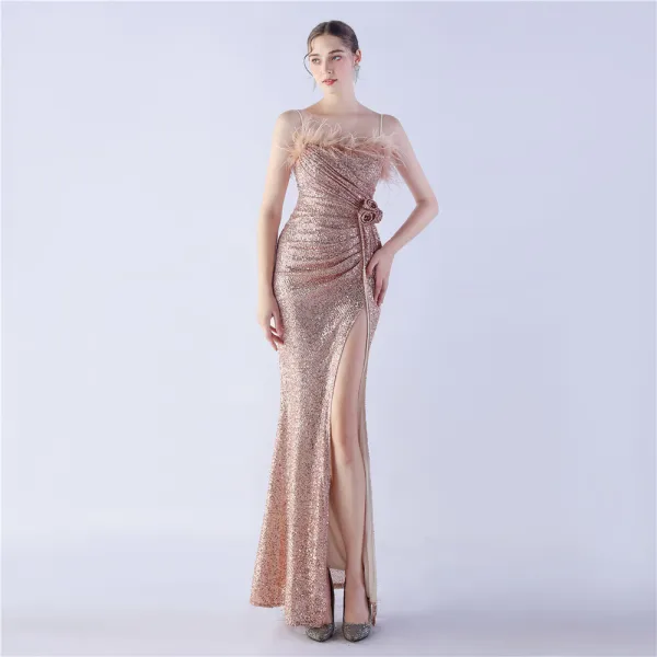 Charmant Bleu Marine Paillettes Fendue devant Robe De Soirée 2024 Trompette / Sirène Bretelles Spaghetti Gland Sans Manches Dos Nu Longue Soirée Robe De Ceremonie