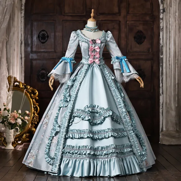 Vintage / Originale Médiévale Bleu Ciel Perle Noeud Faux Diamant Robe De Bal 2026 Robe Boule Encolure Dégagée Manches de cloche Longue Robe De Ceremonie